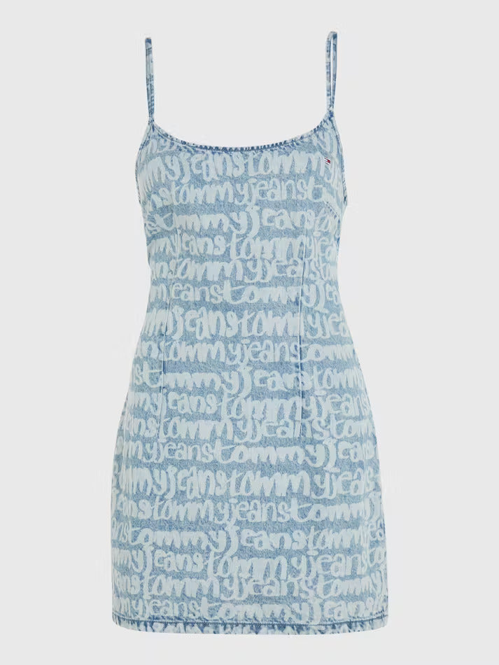 W TOMMY JEANS TIE BACK TJ GRAFFITI DRESS DENIM GRAFFITI PRINT
