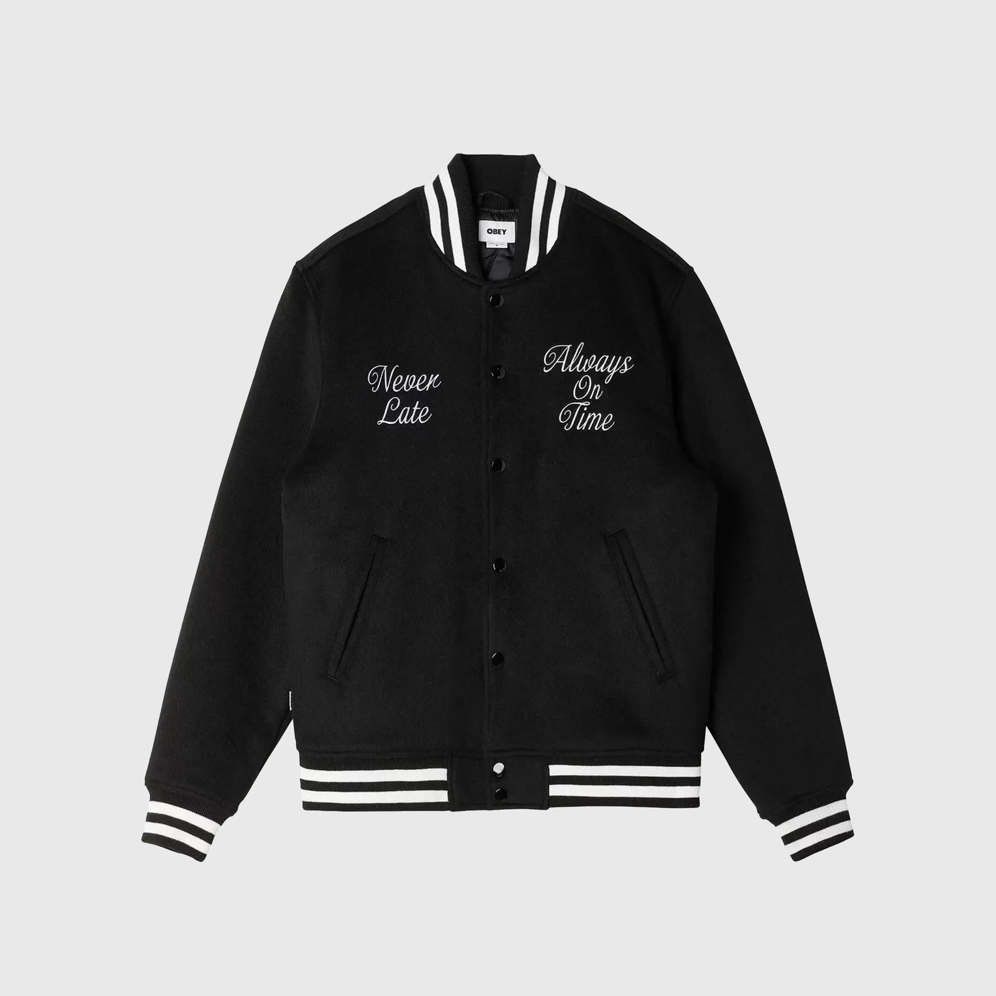 OBEY TIME VARSITY JACKET BLACK