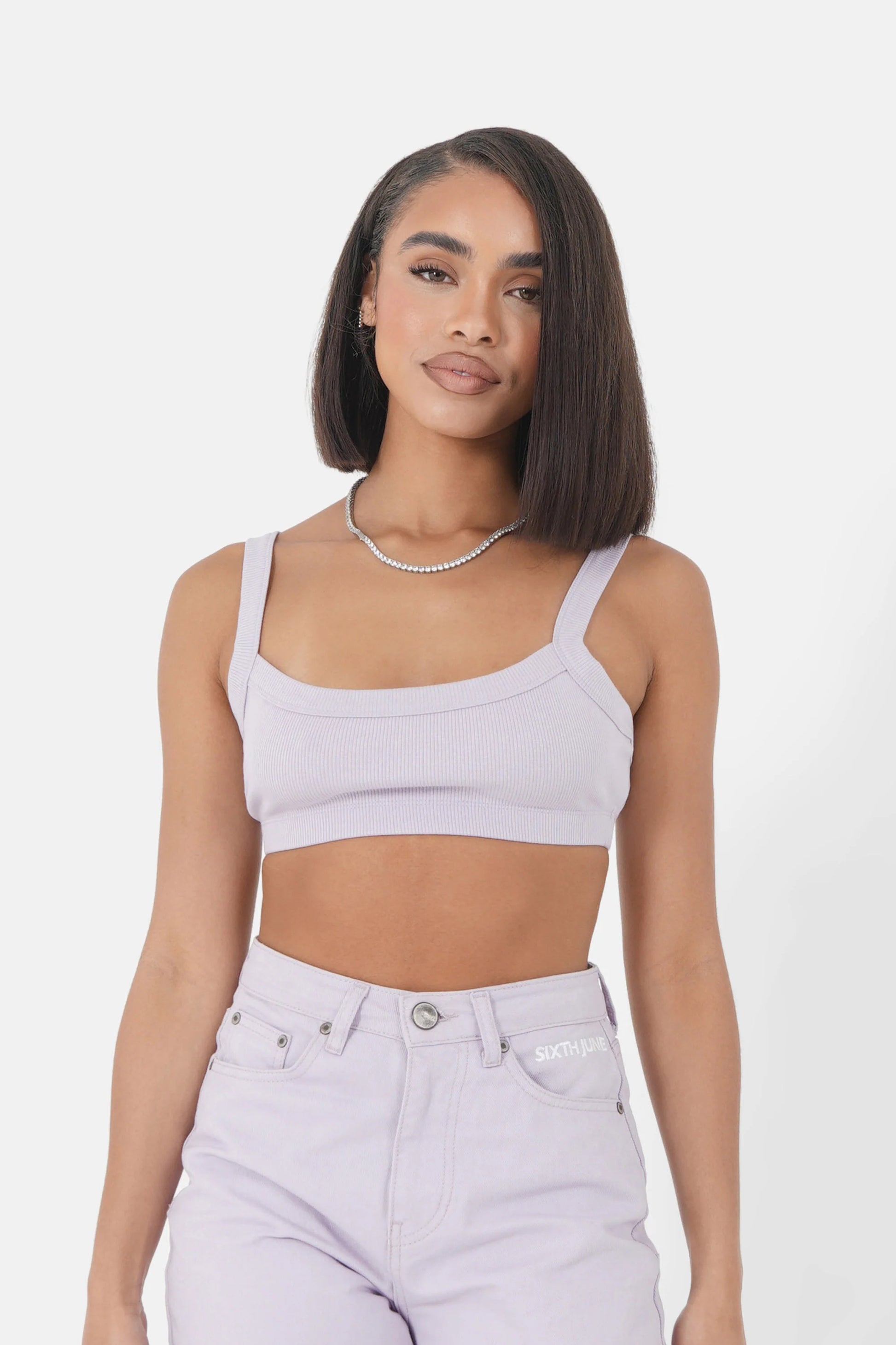 W SIXTH JUNE COLOR DENIM CROP TOP LILAC
